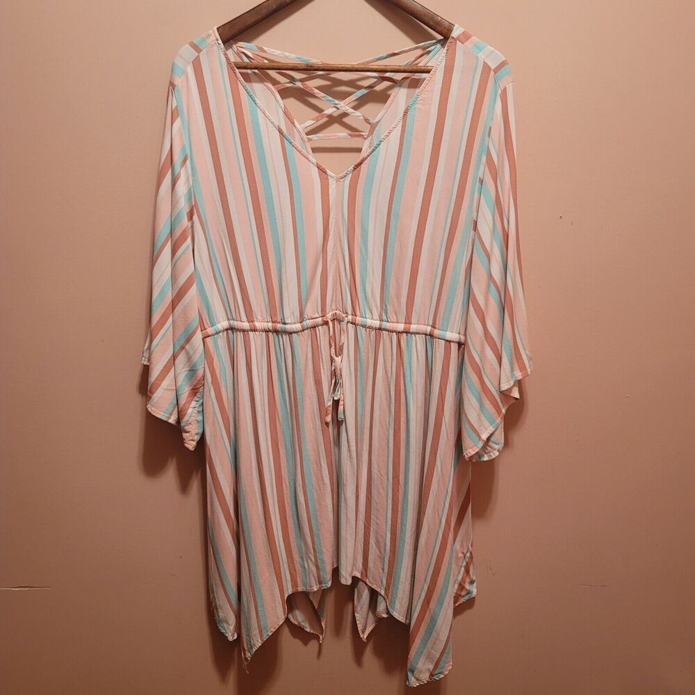Torrid Babydoll Dolman Sleeve Tunic Top Pastel Striped Womens Size 2 (2X 18/20)
